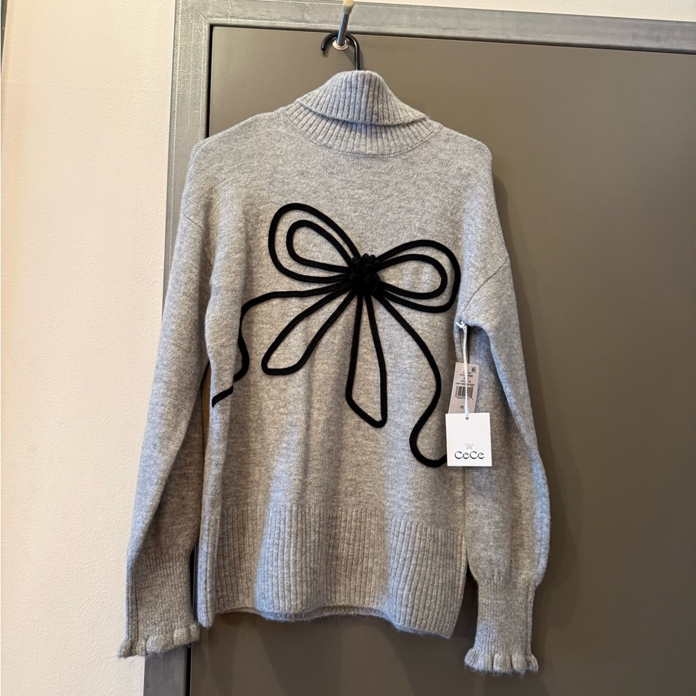 CeCe Gray Turtleneck Sweater with Black Bow Detail